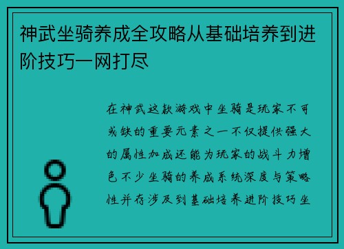 神武坐骑养成全攻略从基础培养到进阶技巧一网打尽