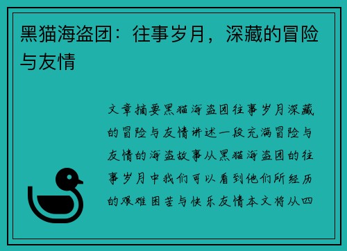 黑猫海盗团：往事岁月，深藏的冒险与友情