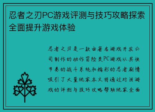 忍者之刃PC游戏评测与技巧攻略探索全面提升游戏体验 忍者之刃PC游戏评测与技巧攻略探索全面提升游戏体验